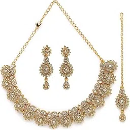 sukkhi Eye-Catching Gold Plated AD Stone Collar Bone Necklace Set With Earring And Maangtika | Jewellery Set For Women (NS105647)-picture-41