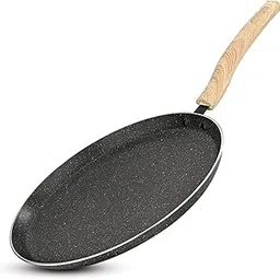 BERGNER Earth Black Non-Stick 30 cm Dosa Tawa, Wooden Finish Soft Touch Handle, 3mm Thickness, Consumes Less Oil, Even Heat Distribution, White Marble Splatter, Induction Bottom and Gas Ready image 1