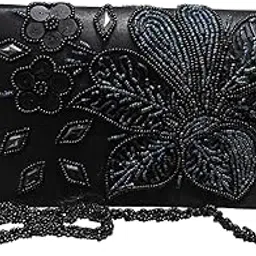 Vintage Beaded Evening Clutch, Black Satin with Blue Sequins, Floral Pattern Handbag, Decorative Chain Strap-picture-37