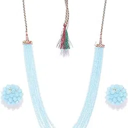 Five Layer Round Faceted Semi Precious Crystal Stone Beads Stylish Traditional Necklace Fashion Jewellery with Stud Earrings For Women (Aqua Chalcedony)-image-13