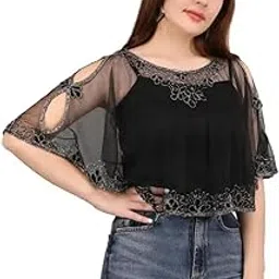 Women's Net Poncho Cape with Embroidery, Boat Neck, Sleeveless,-image-44