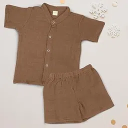 BAYBEE New Born Muslin Cotton Dress for Kids | Summer Clothing Set With Chinese Collar & Press Button | Shirt & Shorts Set for Baby Boy & Girl (Light Brown, 12-18 Months (XL))-picture-18