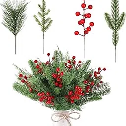 80pc Artificial Pine Branches with Red Berries Christmas Tree Ornaments Decorative Picks for Wreaths, Garlands and Floral Arrangements (1, Design 1)-picture-11