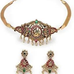 sukkhi Trendy Gold Plated Red Green AD Stones Studded Elephant Choker Necklace Set With Dangler Earring Jewellery Set For Women & Girls|Set of 1|NS106118-picture-33