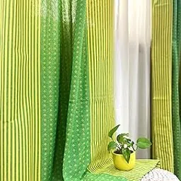 RANGBHAR Handloom 100% Cotton Semi Sheer Curtains For Door,70-75% Room Darkening Cotton Curtains 7 Feet Long Set Of 2 With Eyelets, (Green Yellow, Door-7 Feet X 4 Feet)-image-14