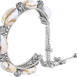 i jewels Navratri Ethnic Silver Oxidised Afghani Boho Cowrie Shell Adjustable Cuff Kada Bracelet For Women image 1