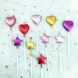 10 Cute Heart Shaped and Star Birthday Candles Multi-Color Cake Candle Toppers for Party Wedding Cake Decoration Supplies Birthday Candles (5 star-5heart, Multi-Colored)-image-2