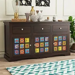 GADWAL FURNITURE Handcrafted Solid Sheesham Wood Wooden Cabinet & Sideboards with 3 Drawers and 6 Shelves for Living Room or Bedroom Storage (Boho, Walnut Finish)-image-42