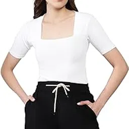 shasmi Women's & Girl's Polyester Solid Knitted Square Neck Regular Fit T-Shirts Short Sleeve Tops-picture-37