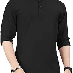 deemoon Men's Cotton Blend Kurta with Solid Regular Fit Mandarin Collared Neck Full Sleeve and Waist Length | Kurtas for Men-picture-23