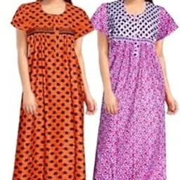 Permium Combo Cotton Long Half Sleeve Printed Nighty for Women-Mustred-Purple-picture-18