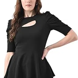 arbiter collection Black Solid Women's Casual Stylish Peplum Top with Puffed Sleeves-picture-10
