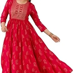 Women's Traditional Maxi Dress, Red with Gold Print, Long Sleeves, Floor Length Anarkali Gown (in, Alpha, M, Regular)-picture-34
