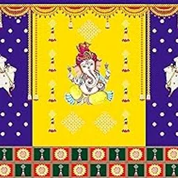 Sri Yagnaa - Backdrop Cloth for Pooja Decoration (8x5 Ft) - M 30 - (Ganesh with Gomatha Design on Blue and Yellow Backdrop)-picture-29
