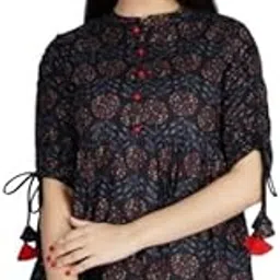 Women's Floral Print Cotton Top, Maroon, Mandarin Collar, 3/4 Sleeve with Tie-Up, Pom-Pom Trim-picture-17