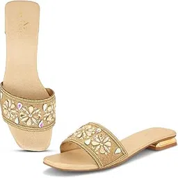 xe looks Women Flat Slippers with Floral Crystal Embellishments image 1