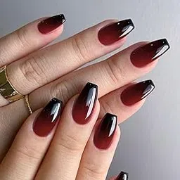 Artificial Nails: Glossy Black,Red With Ombre/Shape Coffin (Set of 12 with nail glue, nail file, cuticle pusher, cleaning wipe)-image-76