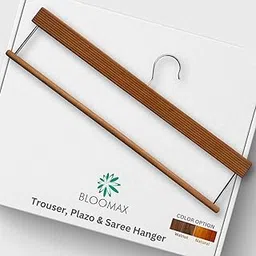 BLOOMAX® German Technique, Trouser Pants Hangers with Non Slip Bar Smooth Finish, Wooden Hangers, 360° Hook- Ideal for Pants (Walnut, 14-inch (6-Pcs)-image-1