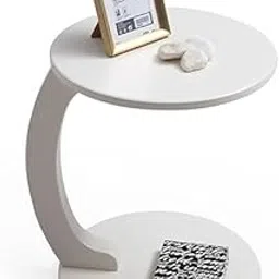 SAFAK Round C Shaped End Table for Living Room, Sofa Side Table That Slides Under, Coffee Table and Laptop Table for Bedroom, Drawing Room - White… (White)-image-32