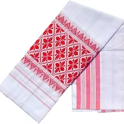 Traditional Assamese Gamosa, White and Red Cotton Towel with Floral Pattern, (Pack of 1)-picture-13