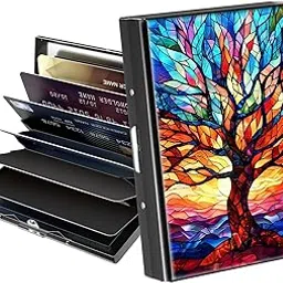 breidmkfm Metal Wallet,Credit Card Holder for Women Men,Thin Slim Mini Aluminum Wallet RFID Blocking Card Holder Hard Card Case Small Business Card Holder ID Case Travel Wallet,, Colorful Tree, Credit-picture-49