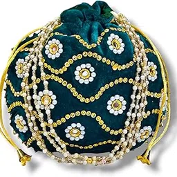 Designer Velvet Bag, Green with Pearl and Golden Embroidery, Traditional Wedding Drawstring Handbag-picture-47