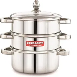 Sowbaghya Stainless Steel 3 Tier Induction Bottom Steamer/Modak/Momo Maker with Glass Lid | Heavy Guage | Double-riveted stainless steel handles-picture-23