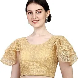 pujia mills Women's Shipali Net Work Ruffle Sleeves Readymade Saree Blouse-picture-26