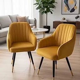 Miroza LuxeCurve Velvet Accent Chair for Living Room | Mustard Yellow Modern Armchair | Wooden Legs with Gold Tips | Dining Chair-picture-10