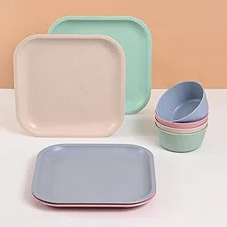 Eha Earth-Friendly 8 inch Small Snack Serving Plates and Curry Bowl (175ml) | Set of 4 | Dinner Set for Gift| Made with Bamboo Fibers & Rice Husk Fiber | Microwave Safe | Multicolor-image-0