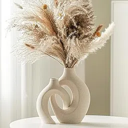 PUREZENTO Abstract White Ceramic Donut Vase 8.4 & 6.8 Inch - Set of 2 | Decorative Hollow Donut Vase for Dried Flowers & Pampas Grass | Vases for Modern Home Decor, Living Room, Office Decor Ideas-image-1