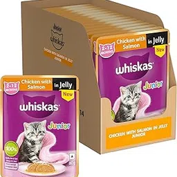 Whiskas Junior Kitten (2-12 Months) Wet Cat Food, Chicken with Salmon in Jelly, 80 g x 14, Hydrating Food Made with Real Fish, 100% Complete & Balanced Nutrition for Kittens-image-92