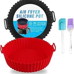 Round Silicone Red+Black Air Fryer Basket with Ear Handles | Multi-Color Nonstick, Heat Resistant + Oil Brush & Spatula-picture-13