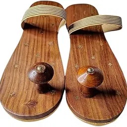 wooden cave Handcrafted Wooden Rosewood Sandals with Star Inlay, Striped Elastic Strap, Brass Details, 26.7 cm Length, Unisex (RANDOM COLOR) (UK-7, JUTTI STYLE)-picture-23