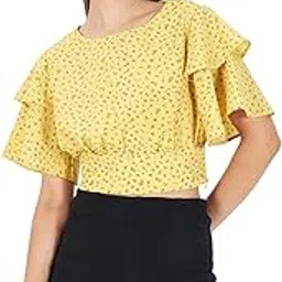 eiko Yellow Polyester Floral Ruffle Crop Top for Women-picture-37