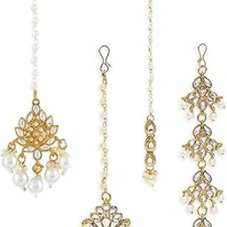 Jewellery Combo of 4 Gold Tone Kundan & Pearl Jadau Maangtikka For Women & Girls Stylish Latest (MTDP6-13-14-15_AMR1)-image-33