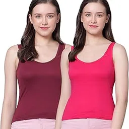 Women's Regular Fit Sleeveless Cotton Camisole Spaghetti, Combo Pack of 2 Camisole Tops (Maroon Dark Pink - XL)-picture-32