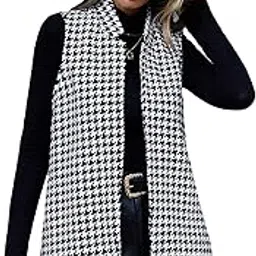 wdirara Women's Houndstooth All Over Printed Open Front Sleeveless Oversized Casual Vest Jackets-picture-22