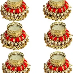 Decorative Diya Tealight Candle Holder/Diwali Decoration/Office Decoration Set of 6 Red & Gold, Metal-image-39
