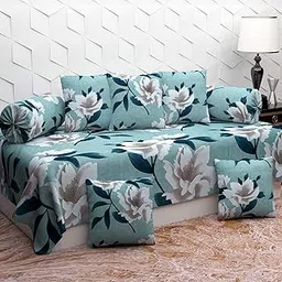 VOMZER 3D Printed 100% Microfiber Diwan Set 8 Pieces, 1 Single bedsheet, 5 Cushions Covers and 2 Bolster Covers- (Green)-image-37