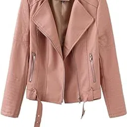 honmin Women's PU Leather Zipper Jacket | Spring Autumn Streetwear Style Belted Coat | Pink - 3XL-picture-25