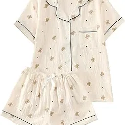 gorglitter Women's 2 Piece Bear Print Pajama Sets Short Sleeve Button Down Lounge Shorts Set-picture-16