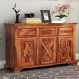 GateWay Furniture Solid Sheesham Wood Sideboard Cabinet with 3 Drawer & 6 Shelves - Chest of Drawers Wooden Drawer Storage Cabinet for Bedroom Living Room Storage Furniture Decor (Design 20)-picture-26