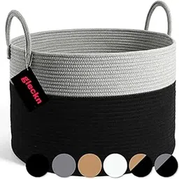 Gleckn Jute Cotton Basket, Handcrafted Woven Storage Planter Basket For Home Decor, Multi-Purpose Bag With Handle For Living Room Bathroom Laundry & Toys (15 X 13 Inches, Black Grey)-picture-51