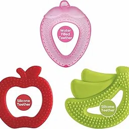 BeeBaby Fruit Shape Soft Silicone & Water Filled Teethers Combo with Carrying case. 100% BPA-Free. 100% Food Grade. (Pink Strawberry, Green Banana & Red Apple) 3 Months +-image-97