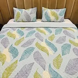 Subtlespreads Premium Cotton Feel Quilted Bedcover for Double Bed King Size with 2 Quilted Pillow Covers - Decorative Bed Cover/Quilted Bedspread Bedsheet, (Aqua Leaves)-image-48