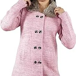 creative panther Women's Pink Knitted Winter Cardigan with Faux Fur Collar, Button Front Closure, Long Sleeve Sweater Coat-picture-17