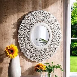 The Urban Store Wall Mirror Wooden Distressed White Color 27"x27" Pack of One French Style Elegantly Hand Crafted Floral Carving Mirror for Home and Office Decor TUSMR28-picture-25