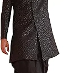 kisah Men's Indo-Western Sherwani Dhoti Set, Shinny Black Jacquard, Woven Regular Fit Mandarin Collar Long Sleeves-picture-56