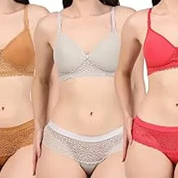 Women's Lace-Trimmed Bralette and Hipster Set, 3 Colors - Coral Red, Caramel Brown, White-picture-11